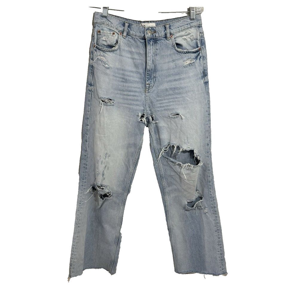 Zara The 90s Full Length Lightwash Distressed Ripped Wide Leg High Waist 8 Jeans